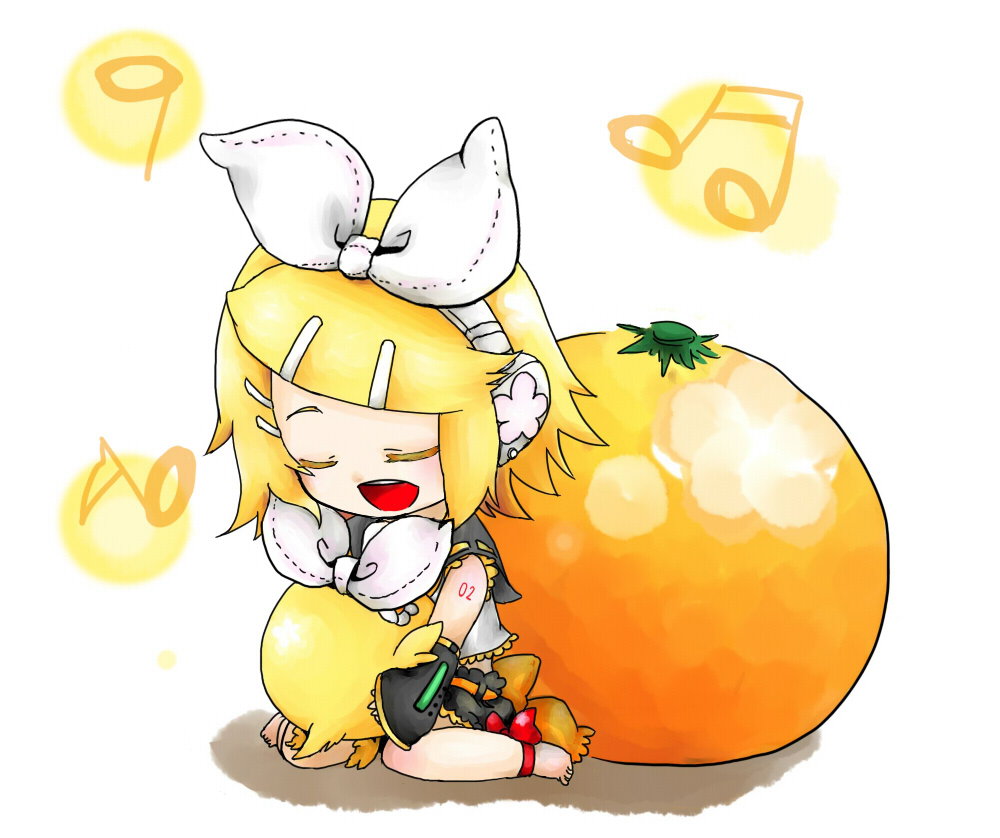 bird, blonde_hair, chibi, closed_eyes, food, fruit, hair_ornament, hair_ribbon