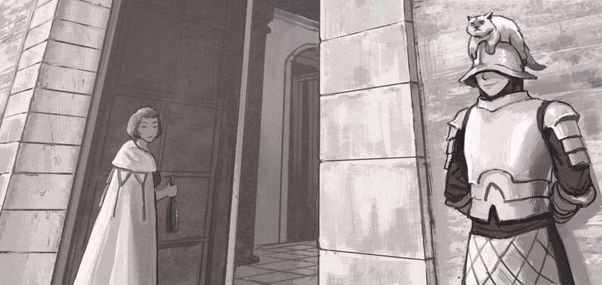 1boy, 1girl, armor, arms_behind_back, bottle, cat, cloak, covered_eyes, door, drunk, fire_emblem, fire_emblem:_three_houses, gate, gatekeeper_(fire_emblem), helm, helmet, highres, holding, holding_bottle, manuela_casagranda, monochrome, nintendo, smile, squinting, vetsa, wine_bottle
