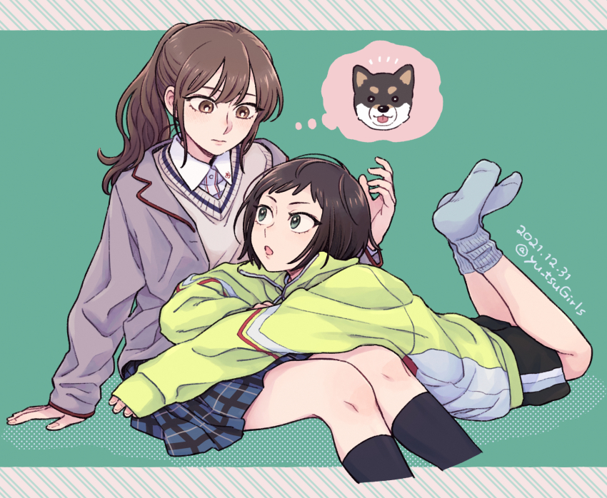 2girls, dated, dog, green_background, highres, jacket, kneehighs, komano_hina