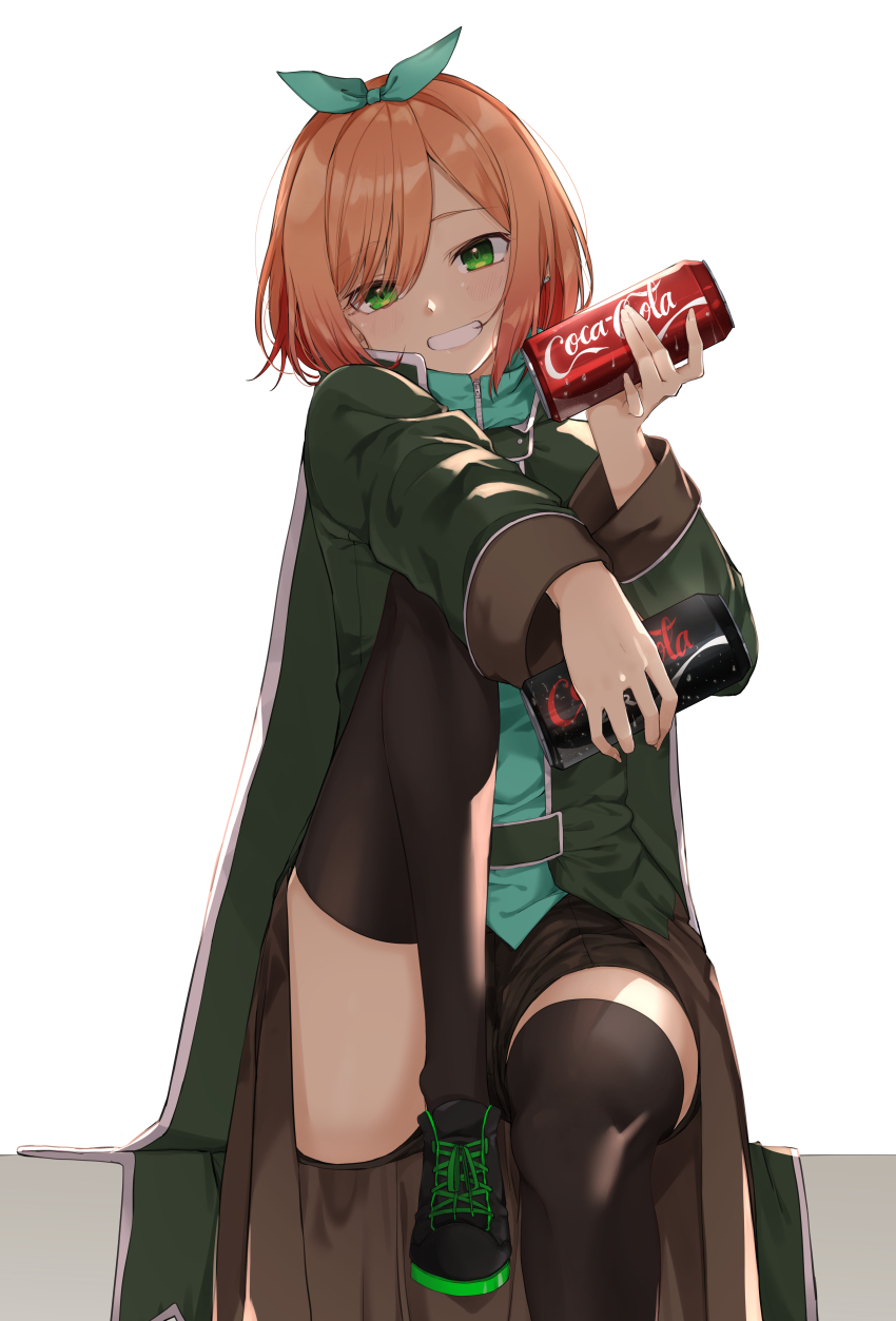 1girl, absurdres, aqua_bow, aqua_jacket, black_shoes, black_shorts, black_thighhighs, bow