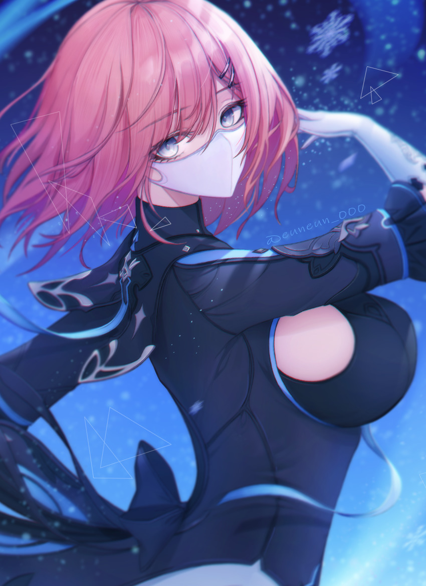 1girl, absurdres, black_bra, black_dress, blue_eyes, bob_cut, bra, breasts, dress, eun_(eunice), framed_breasts, gloves, highres, honkai_(series), honkai_impact_3rd, large_breasts, looking_at_viewer, mask, mouth_mask, pink_hair, short_hair, sideboob, signature, snowflakes, solo, timido_cute, underwear, white_gloves