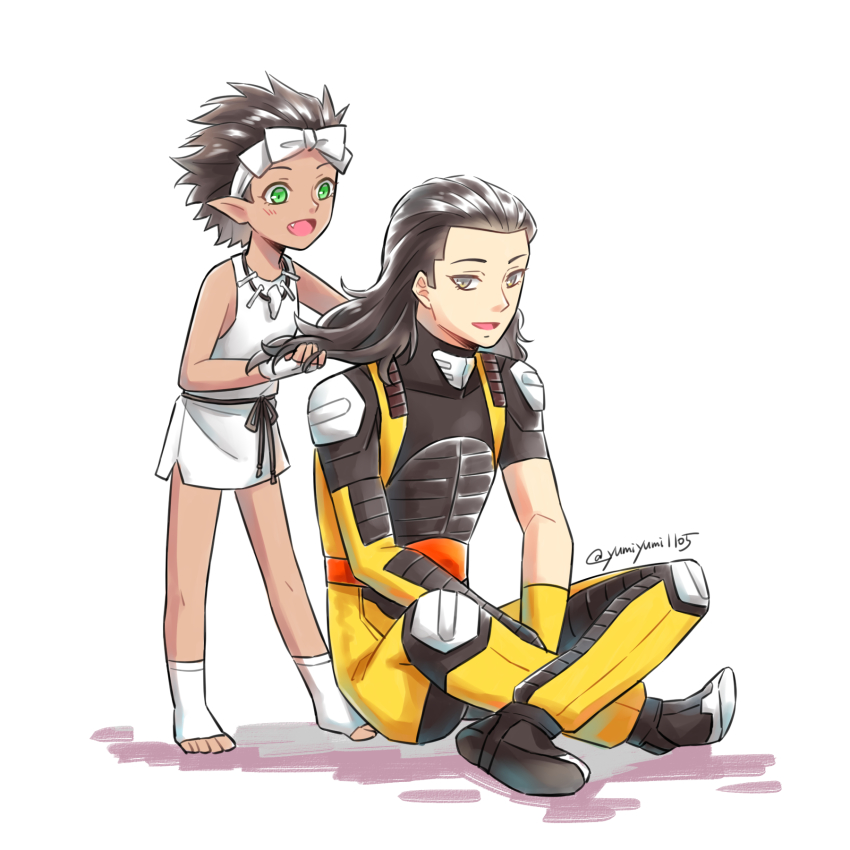 1boy, 1girl, :d, aleph_(megami_tensei), armor, black_hair, brown_hair, commentary_request