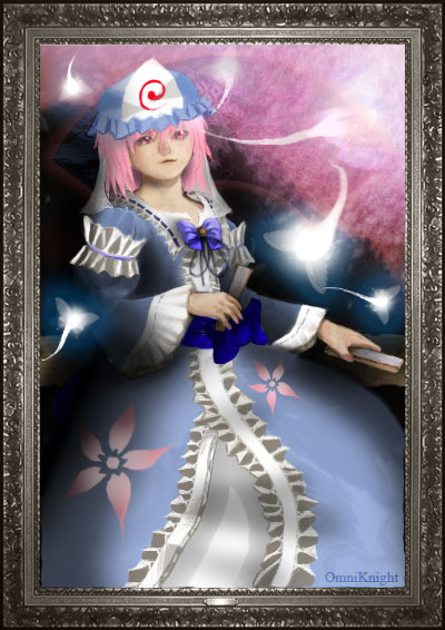 1girl, blue_hat, female_focus, framed, hat, mob_cap, omniknight_(dota), parody, portrait, saigyouji_yuyuko, solo, third-party_edit, touhou, umineko_no_naku_koro_ni