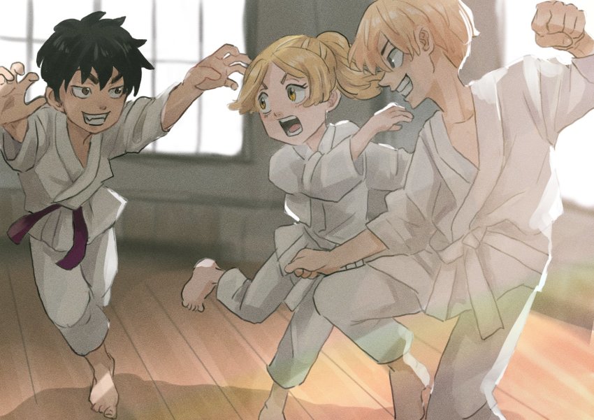 1girl, 2boys, alternate_costume, baji_keisuke, belt, blonde_hair, child, dougi