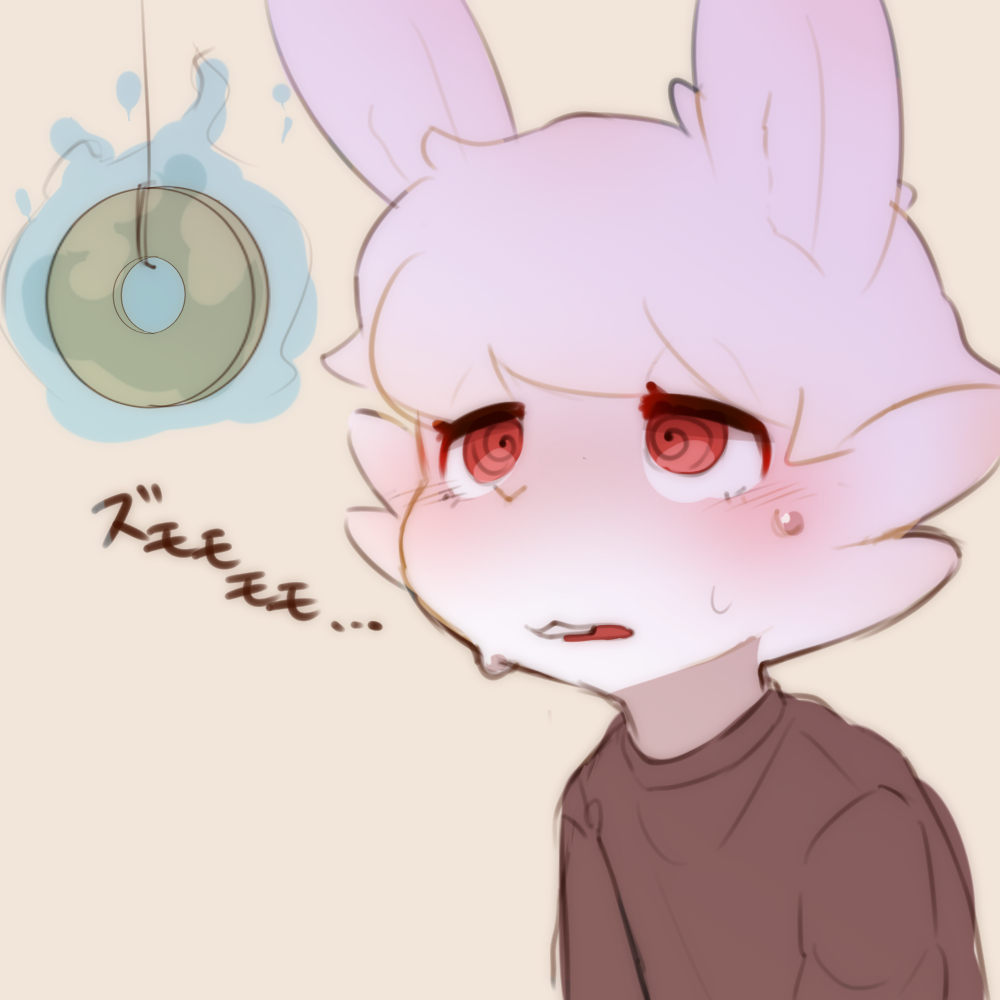 1boy, blush, brown_sweater, furry, furry_male, half-closed_eyes, hypnosis, japanese_text, male_focus, mind_control, open_mouth, original, pants, pendulum, rabbit_ears, red_eyes, rilo0204, ringed_eyes, simple_background, sweat, sweater, teeth