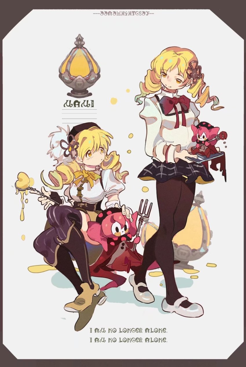 2girls, beret, blonde_hair, border, charlotte_(madoka_magica), detached_sleeves, drill_hair, dual_persona