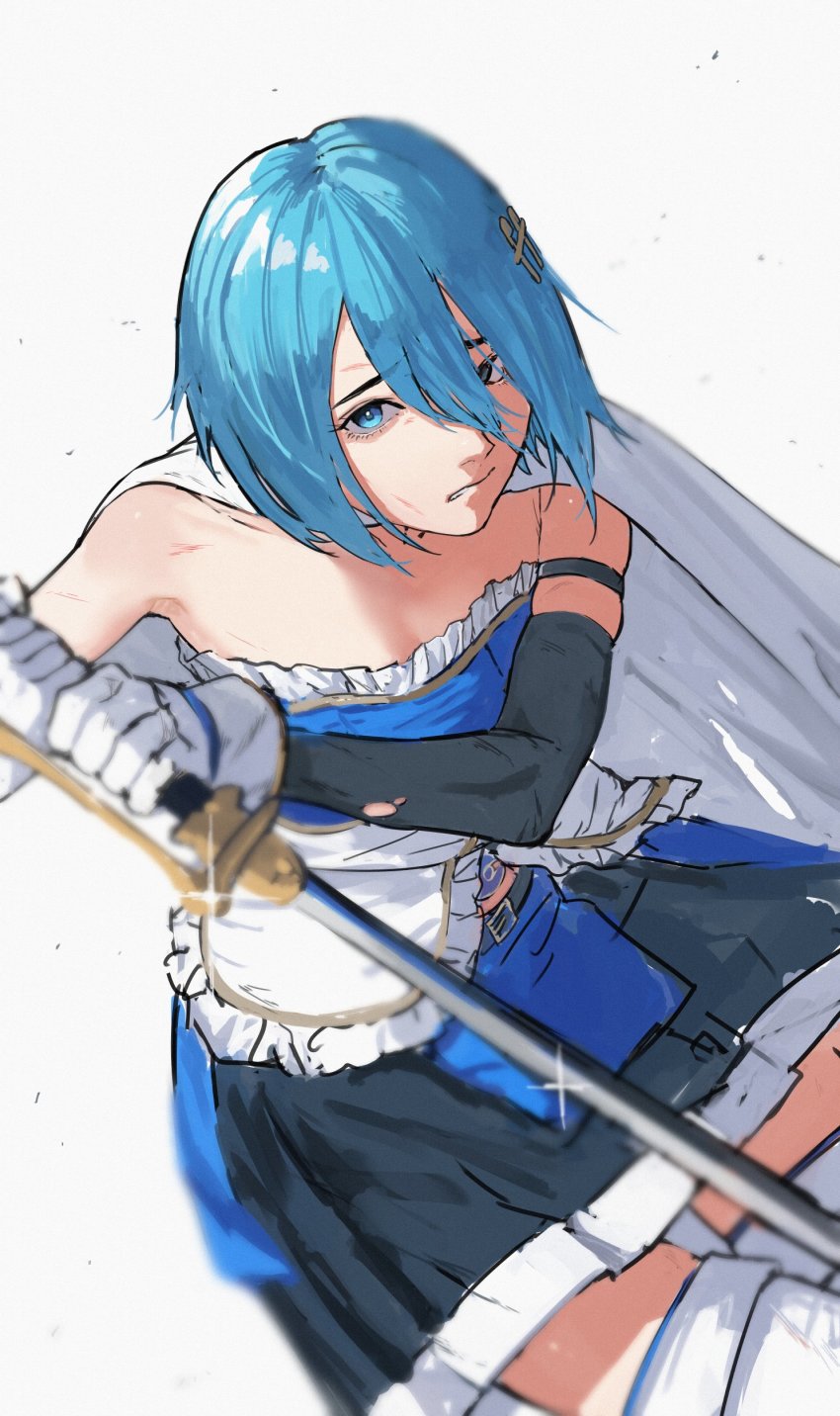 1girl, absurdres, belt, belt_buckle, blue_eyes, blue_hair, buckle, cape