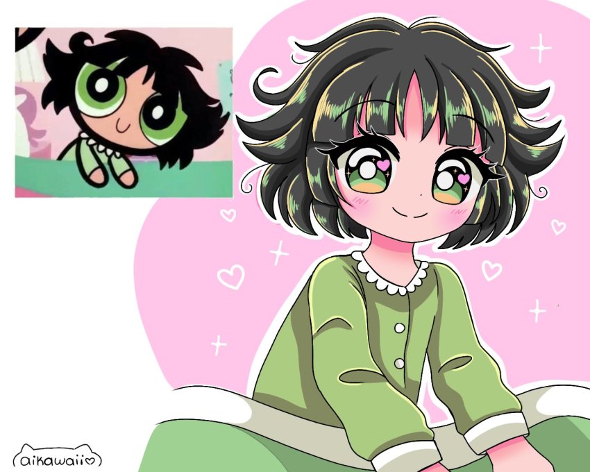 1girl, aikawaii, artist_name, black_hair, blush, bright_pupils, buttercup_(ppg), buttercup_redraw_challenge_(meme), derivative_work, green_eyes, green_pajamas, heart, long_sleeves, meme, messy_hair, outline, pajamas, pink_background, powerpuff_girls, reference_inset, screenshot_inset, screenshot_redraw, short_hair, solo, sparkle, under_covers, white_outline, white_pupils