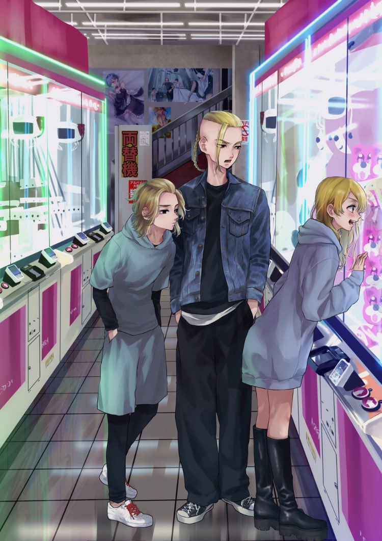 1girl, 2boys, agatsuma_zenitsu, alternate_costume, black_eyes, black_footwear, black_pants, black_shirt