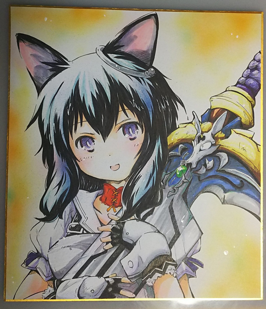 1girl, :d, animal_ear_fluff, animal_ears, black_hair, blush, cat_ears, dress, fran_(tensei_shitara_ken_deshita), gloves, hair_between_eyes, highres, holding, holding_sword, holding_weapon, kurosaki_mairi, looking_at_viewer, medium_hair, open_mouth, purple_eyes, shishou_(tensei_shitara_ken_deshita), short_sleeves, simple_background, smile, solo, sword, tensei_shitara_ken_deshita, traditional_media, weapon, white_gloves