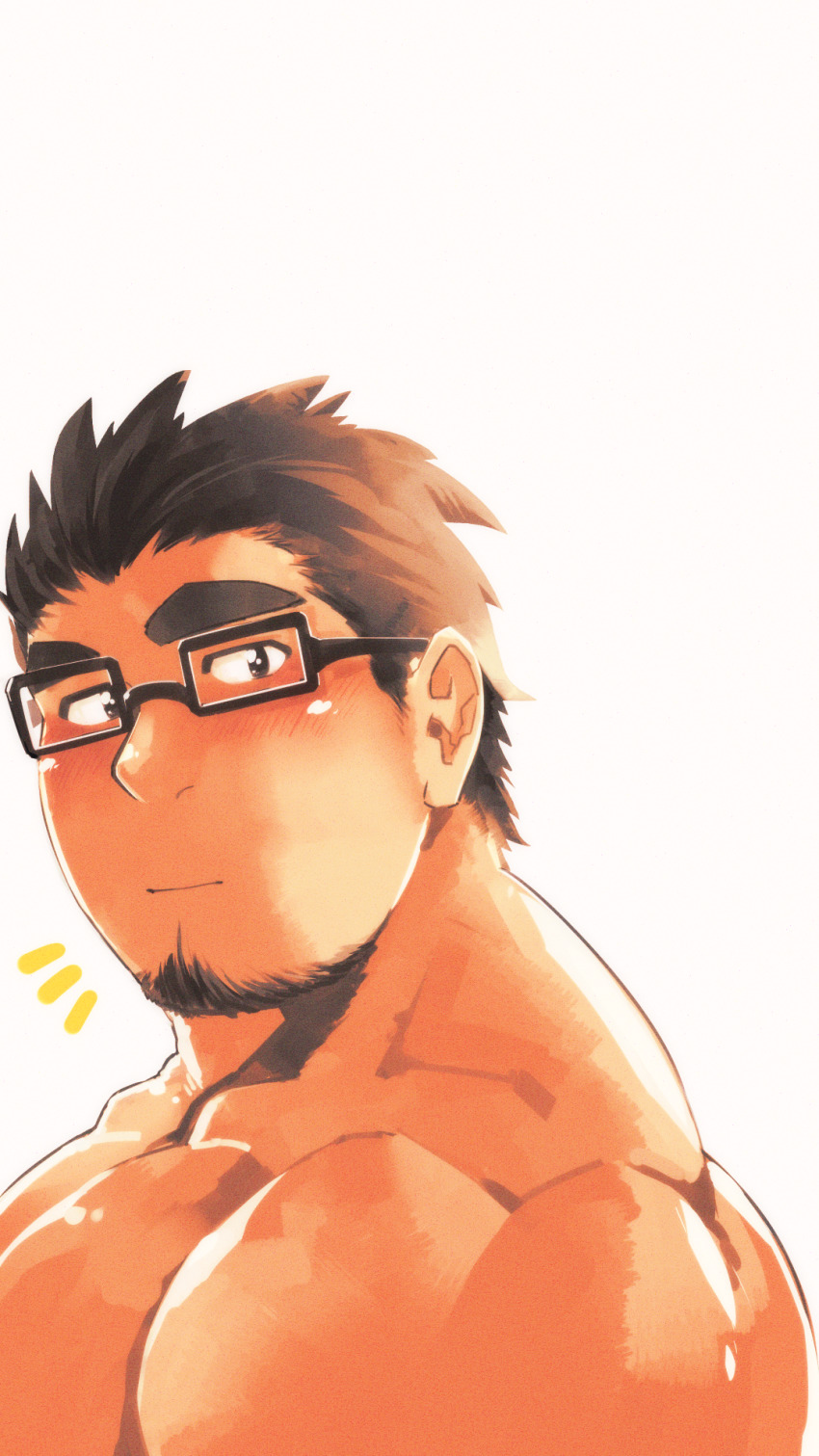 1boy, bara, black-framed_eyewear, blush, brown_hair, facial_hair, from_side, glasses
