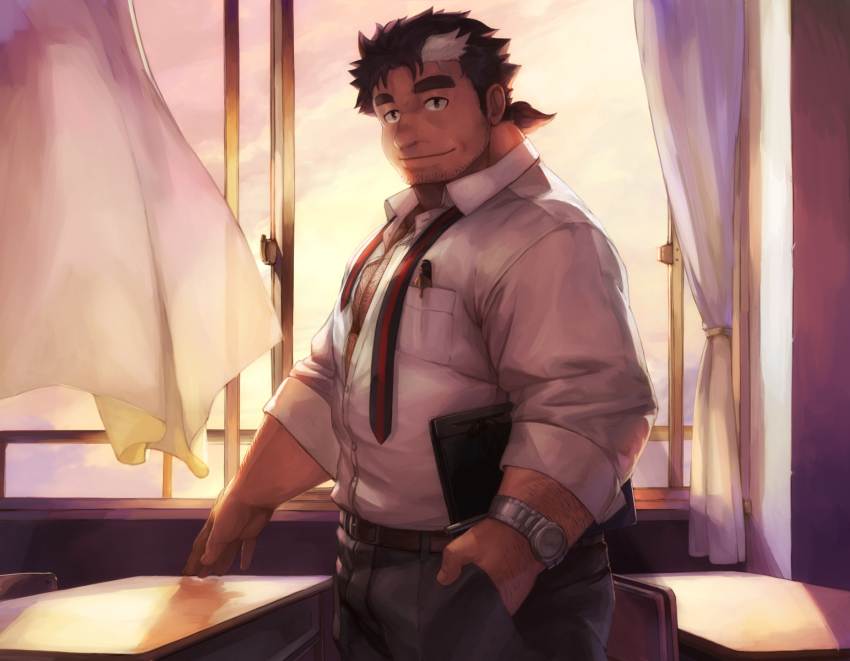 1boy, bara, brown_hair, chest_hair, classroom, collared_shirt, curtains, highres