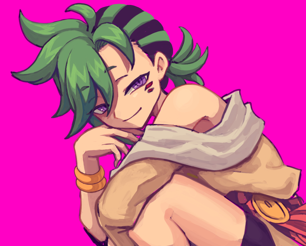 1boy, bad_id, bad_pixiv_id, bike_shorts, black_hair, bracelet, facial_mark, green_hair