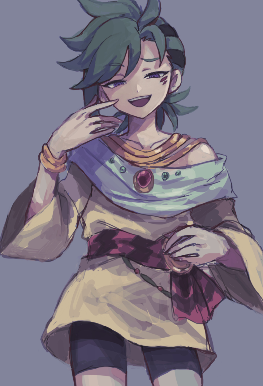 1boy, bad_id, bad_pixiv_id, bike_shorts, black_hair, boots, facial_mark, green_hair