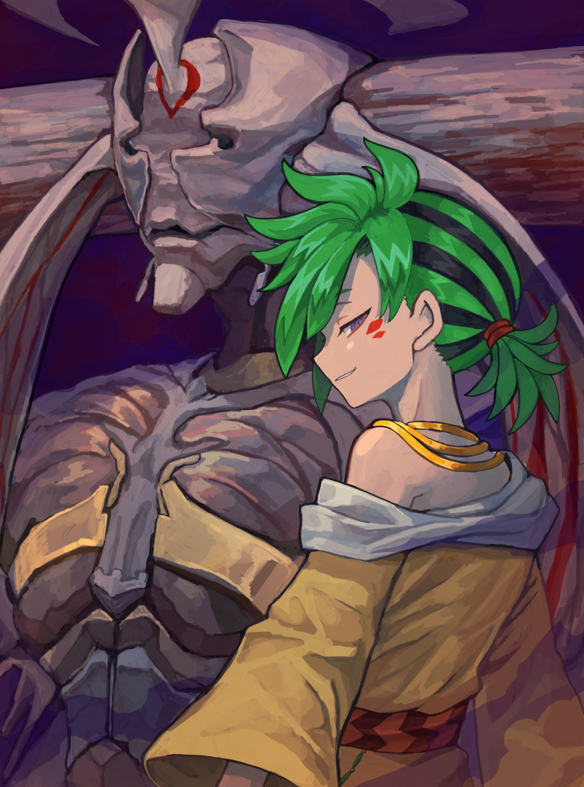 1boy, absurdres, bad_id, bad_pixiv_id, black_hair, facial_mark, frills, god_of_curses_(shadowverse), green_hair, grin, highres, jewelry, looking_at_viewer, mauro_abelard, multicolored_hair, necklace, o_(rcmv4552), off_shoulder, purple_eyes, shadowverse_(anime), smile, solo, spiked_hair, tunic, two-tone_hair, yellow_tunic