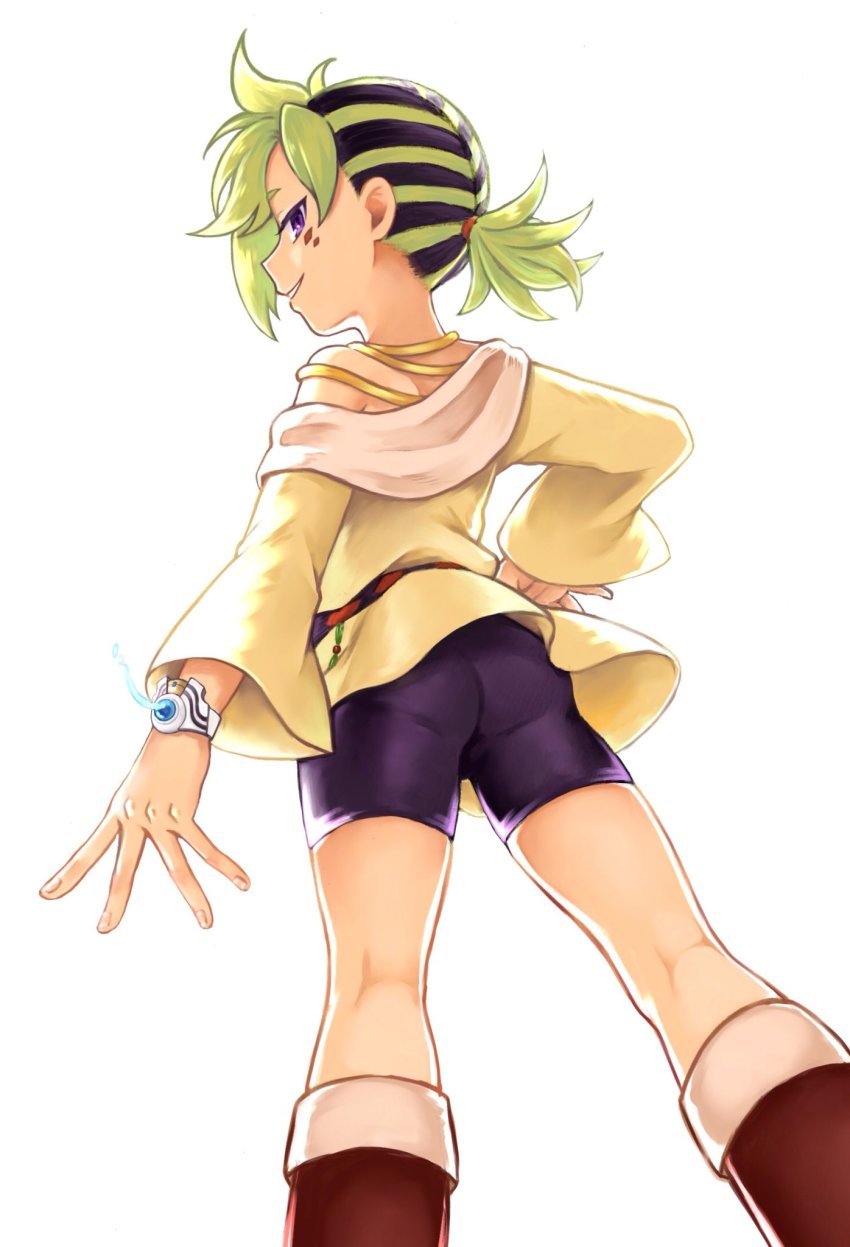 1boy, ass, bike_shorts, black_hair, boots, bracelet, facial_mark, from_behind