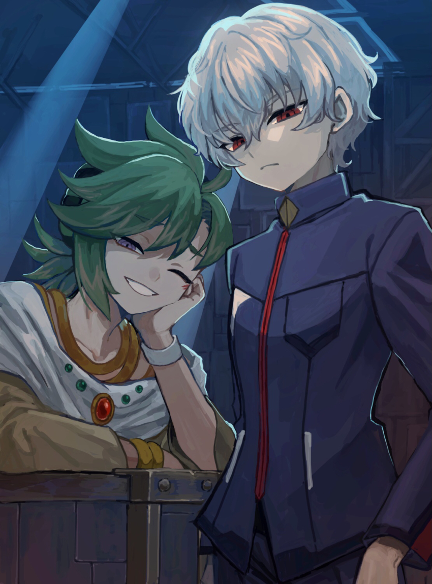 2boys, bad_id, bad_pixiv_id, black_hair, bracelet, brown_eyes, facial_mark, gakuran