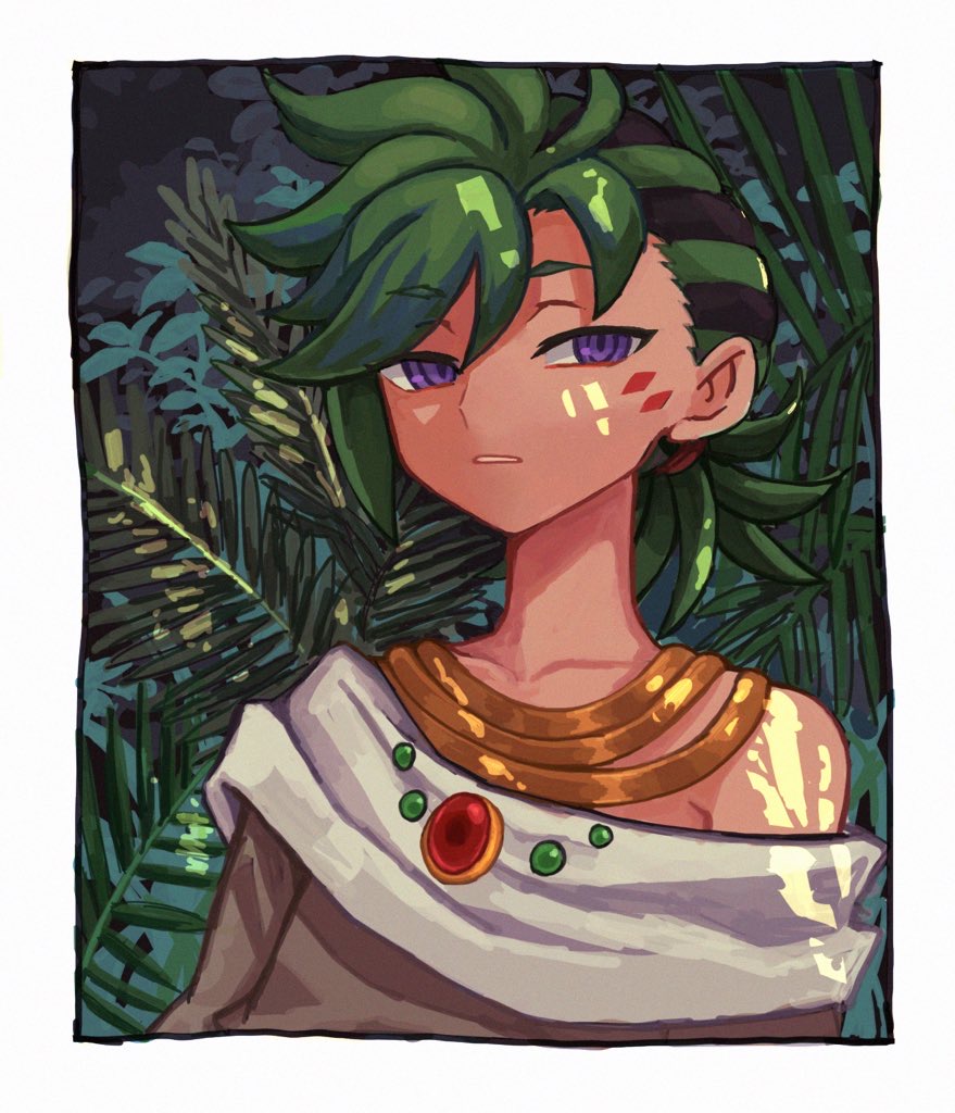 1boy, bad_id, bad_pixiv_id, black_hair, dappled_sunlight, facial_mark, fern, green_hair, jewelry, looking_at_viewer, male_focus, mauro_abelard, multicolored_hair, necklace, o_(rcmv4552), off_shoulder, plant, purple_eyes, shade, shadowverse, shadowverse_(anime), solo, spiked_hair, sunlight, tunic, two-tone_hair