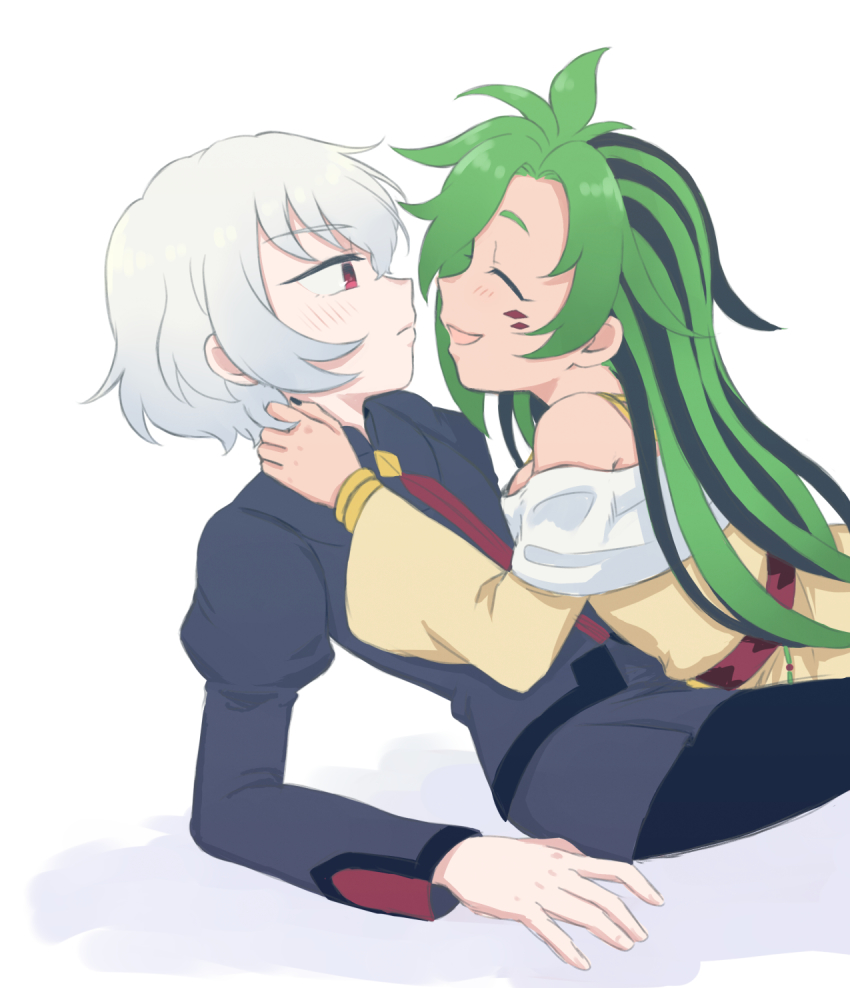 2girls, black_hair, blush, closed_eyes, facial_mark, genderswap, genderswap_(mtf), green_hair