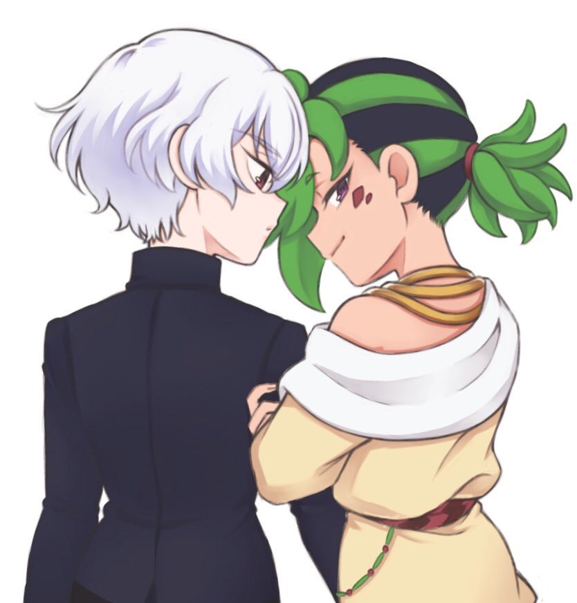 2boys, arm_hug, black_hair, brown_eyes, facial_mark, from_behind, gakuran, green_hair