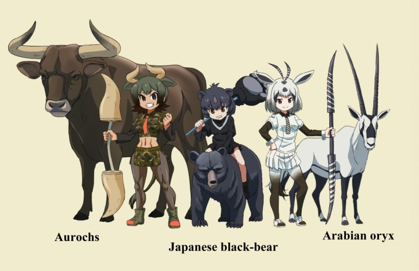 3girls, abs, animal_ears, arabian_oryx_(kemono_friends), aurochs, aurochs_(kemono_friends), bear, beige_background, black_eyes, black_footwear, black_hair, black_legwear, black_necktie, black_shirt, black_sweater, bob_cut, brown_hair, camouflage, camouflage_shirt, camouflage_skirt, clenched_hand, closed_mouth, commentary_request, cow_ears, cow_horns, creature_and_personification, dark-skinned_female, dark_skin, english_text, green_footwear, green_shirt, green_skirt, grin, hand_on_own_hip, highres, holding, holding_weapon, horns, japanese_black_bear_(kemono_friends), kemono_friends, layered_sleeves, long_sleeves, looking_at_viewer, midriff, miniskirt, multiple_girls, name_connection, navel, necktie, over_shoulder, pantyhose, paw_stick, personification, pleated_skirt, red_necktie, riding, shirt, shoes, short_over_long_sleeves, short_sleeves, side_slit, silver_hair, simple_background, skirt, smile, standing, sweater, toned, toned_female, weapon, white_footwear, white_shirt, white_skirt, yamaguchi_yoshimi, yellow_background
