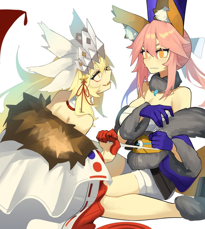 2girls, animal_ear_fluff, animal_ears, bare_shoulders, beast_iv:l, blonde_hair, blood, blood_on_hands