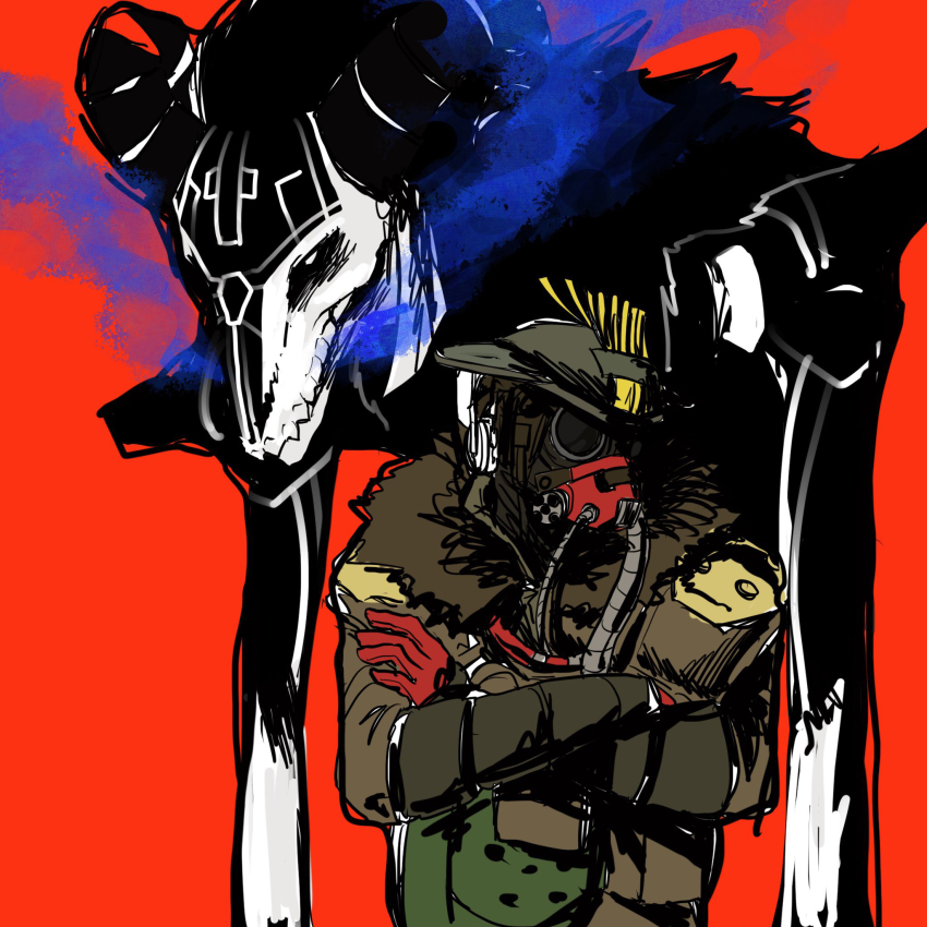 1boy, 1other, ambiguous_gender, apex_legends, banobagi, bloodhound_(apex_legends), brown_jacket, cable, crossed_arms, fur_trim, gloves, goggles, helmet, highres, horns, humanoid_robot, jacket, looking_ahead, looking_to_the_side, rebreather, red_background, red_gloves, revenant_(apex_legends), robot, simulacrum_(titanfall), smoke, unholy_beast_revenant