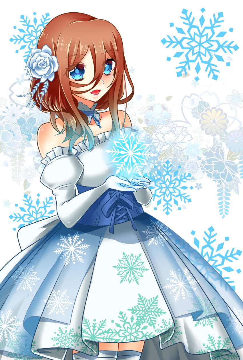 1866alliance, 1girl, dress, female_focus, flower, go-toubun_no_hanayome, hair_between_eyes, hair_flower, hair_ornament, highres, looking_at_viewer, nakano_miku, snow, snowflakes, solo, thighhighs, white_background