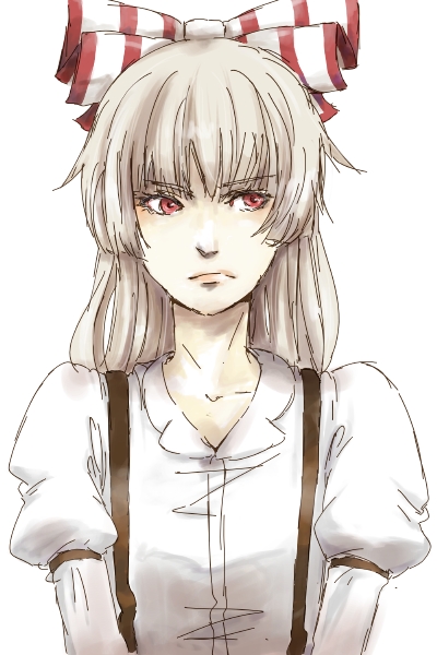 1girl, annoyed, bad_id, bad_pixiv_id, bow, female_focus, fujiwara_no_mokou, grey_hair