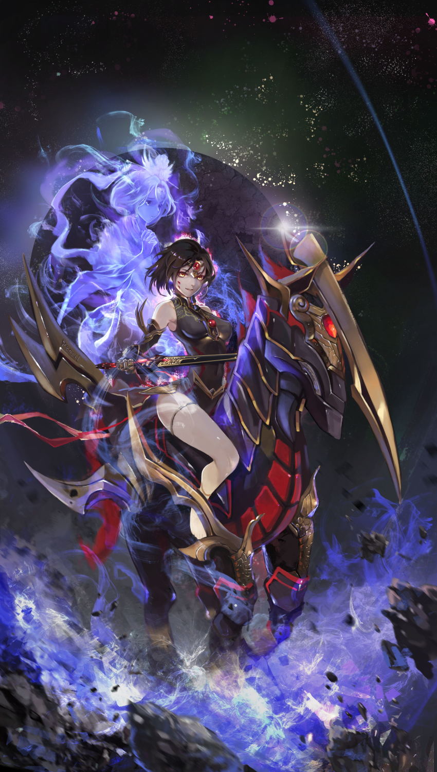 1girl, absurdres, artist_request, aura, bad_id, bad_pixiv_id, bare_shoulders, black_dress