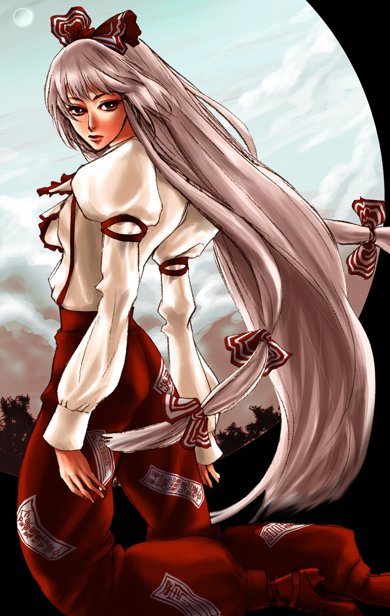 1girl, bad_id, bad_pixiv_id, bow, circle, cloud, day, female_focus