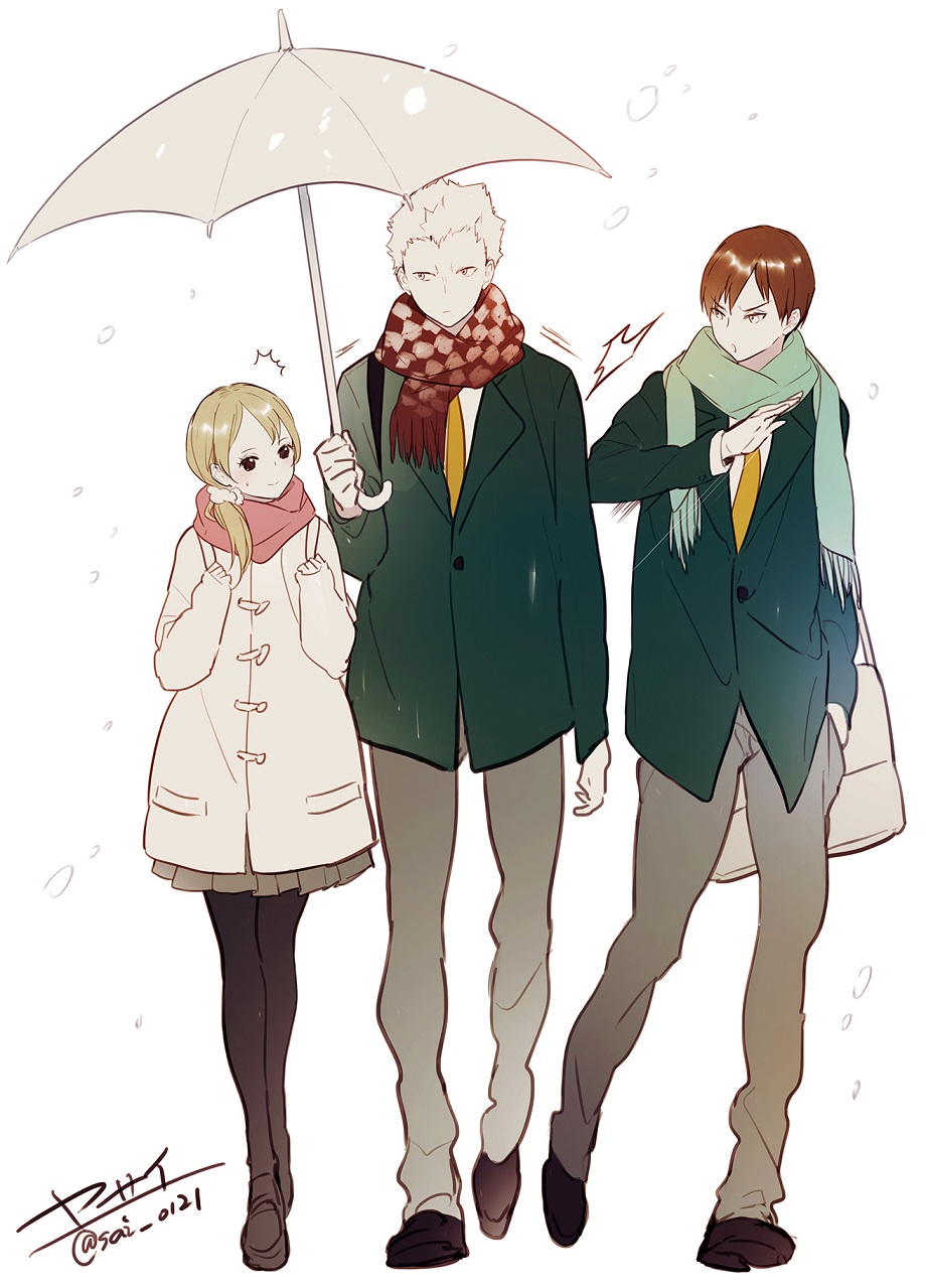 1girl, 2boys, aone_takanobu, backpack, bag, brown_hair, coat, full_body