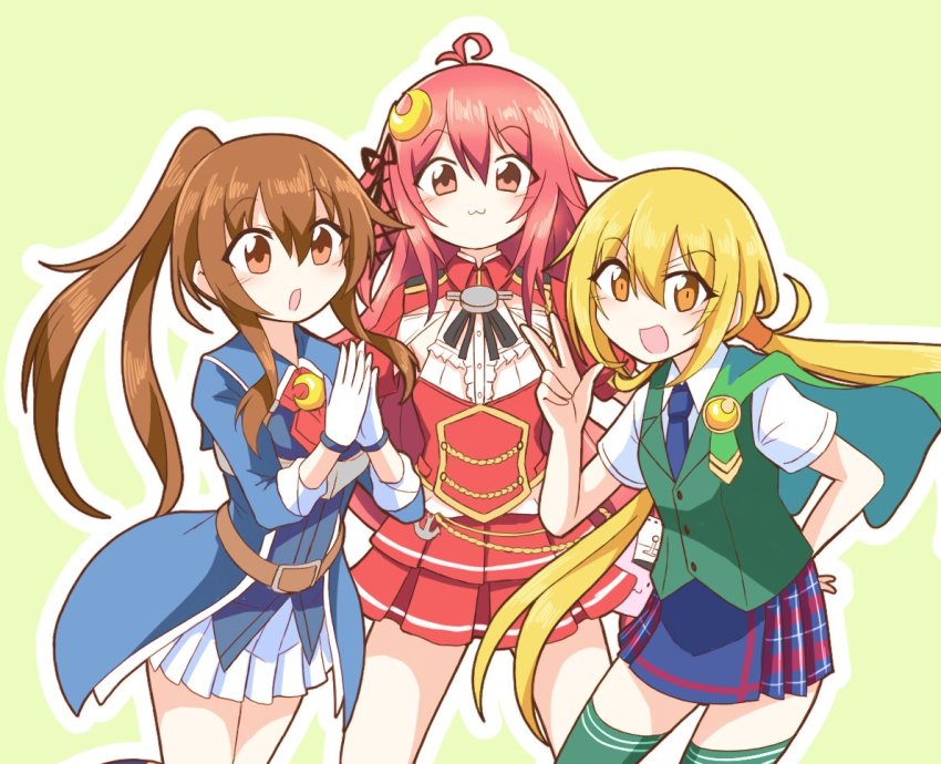 3girls, :3, :o, aiguillette, blonde_hair, blue_necktie, brown_hair, cloak