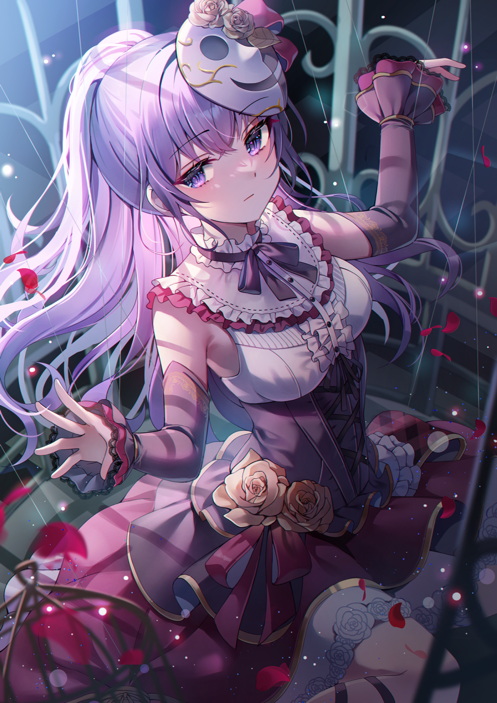 1girl, abstract_background, armpits, asahina_mafuyu, birdcage, black_sleeves, blurry, blurry_foreground, breasts, cage, commentary, detached_sleeves, english_commentary, expressionless, feet_out_of_frame, flower, gin_(gin937), highres, in_cage, long_hair, mask, mask_on_head, medium_breasts, petals, ponytail, project_sekai, puppet_strings, purple_eyes, purple_hair, rose, rose_petals, sitting, solo, string, toraware_no_marionette_(project_sekai), white_flower, white_rose, yellow_flower, yellow_rose, yokozuwari