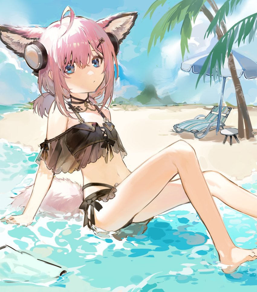 1girl, absurdres, ahoge, animal_ear_fluff, animal_ears, arknights, arm_support, auuuie, bare_legs, bare_shoulders, barefoot, beach, beach_umbrella, behind-the-head_headphones, bikini, black_bikini, blue_eyes, chair, closed_mouth, commentary, eyebrows_hidden_by_hair, feet_out_of_frame, fox_ears, fox_girl, fox_tail, hair_between_eyes, hair_ornament, hairclip, headphones, highres, knees_up, long_hair, lounge_chair, low_twintails, material_growth, official_alternate_costume, oripathy_lesion_(arknights), palm_tree, pink_hair, sand, shallow_water, sitting, solo, sussurro_(arknights), swimsuit, tail, tree, twintails, umbrella, water