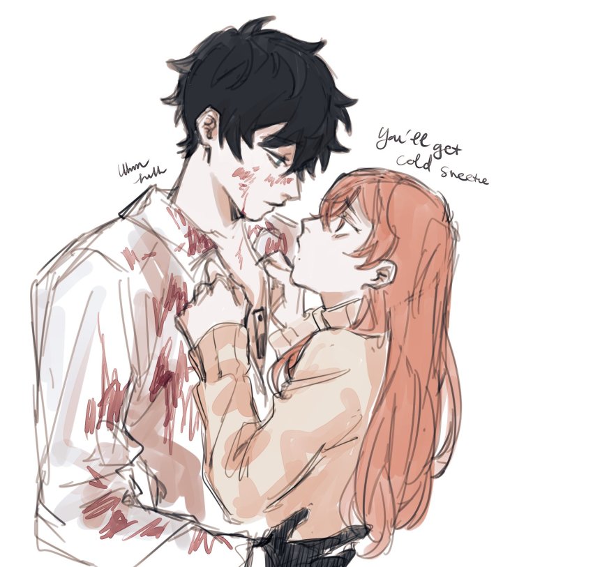 1boy, 1girl, alternate_costume, alternate_hairstyle, black_eyes, black_gloves, black_hair, blood