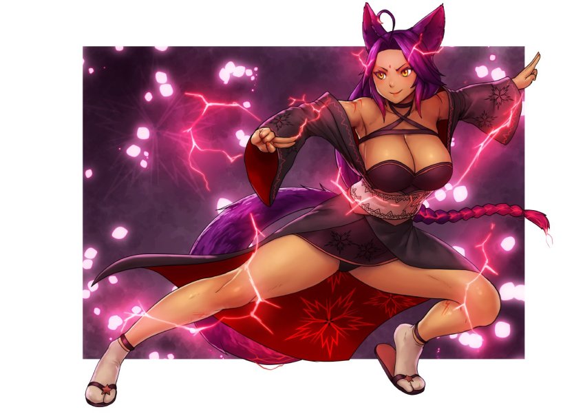 1girl, ahoge, animal_ears, armpits, arms_up, bare_shoulders, bindi, black_skirt