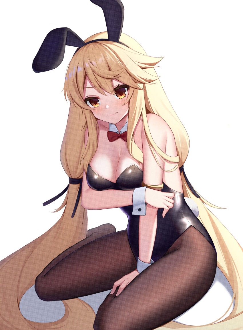 1girl, animal_ears, black_leotard, black_pantyhose, blonde_hair, bow, bowtie, breasts, brown_eyes, cleavage, detached_collar, forever_7th_capital, highres, kirisame_koiiro, leotard, long_hair, low-tied_long_hair, low_twintails, medium_breasts, pantyhose, playboy_bunny, rabbit_ears, rabbit_tail, red_bow, red_bowtie, rena_(forever_7th_capital), simple_background, sitting, solo, strapless, strapless_leotard, tail, twintails, wariza, white_background, wrist_cuffs