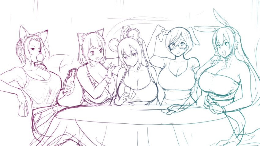 5girls, abigail_fahrenheit, animal_ears, bare_shoulders, breasts, camisole, card, dress