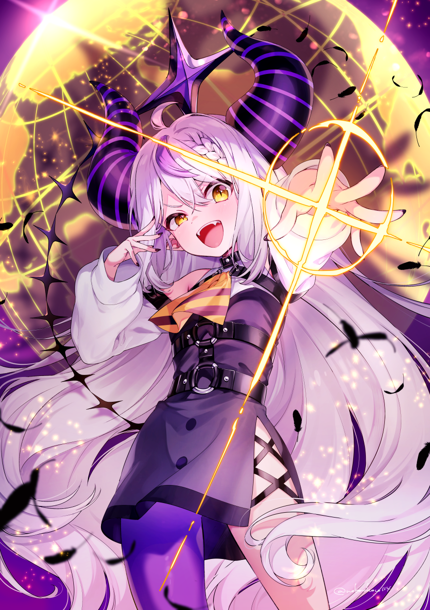 +_+, 1girl, ahoge, ascot, asymmetrical_legwear, bare_shoulders, black_feathers, black_nails