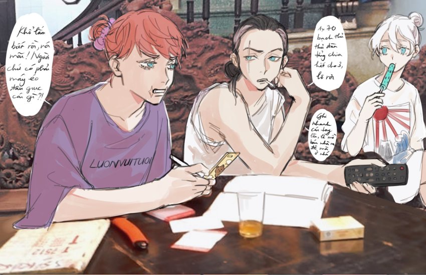 1girl, 2boys, akashi_senju, akashi_takeomi, albino, alternate_costume, alternate_hairstyle, angry