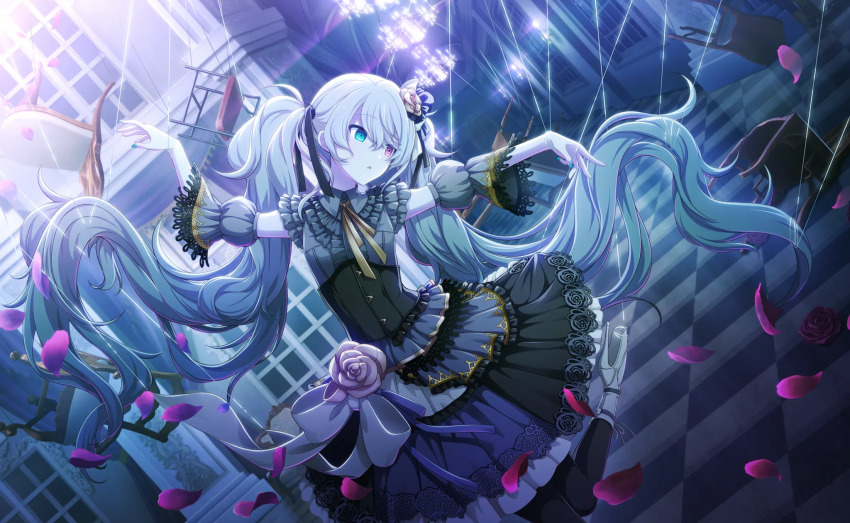 1girl, 25-ji_miku, aqua_eyes, aqua_nails, arms_up, black_pantyhose, boots, bow, center_frills, chair, chandelier, checkered_floor, collared_dress, column, corset, darkness, detached_sleeves, diffraction_spikes, doily, dot_nose, dress, dutch_angle, entangled, expressionless, facing_viewer, fingernails, flat_chest, floor, floral_print, flower, foot_up, frilled_dress, frills, glowing, gold_trim, grey_bow, grey_hair, hair_flower, hair_ornament, hallway, hatsune_miku, heterochromia, high_heel_boots, high_heels, highres, indoors, ixima, knees_together_feet_apart, lace, lace-trimmed_dress, lace-trimmed_sleeves, lace-up_boots, lace_trim, lantern, layered_dress, light, long_hair, looking_afar, mansion, nail_polish, neck_ribbon, official_art, pale_skin, pantyhose, parted_lips, petals, pillar, pink_eyes, pink_flower, pink_rose, project_sekai, puffy_short_sleeves, puffy_sleeves, purple_bow, red_flower, red_rose, reflection, ribbon, rose, rose_petals, rose_print, short_dress, short_sleeves, sidelighting, sleeveless, sleeveless_dress, solo, standing, standing_on_one_leg, swept_bangs, thread, toraware_no_marionette_(project_sekai), tsurime, twintails, underbust, very_long_hair, vocaloid, waist_bow, wall, wavy_hair, white_boots, wide_shot, window, yellow_ribbon