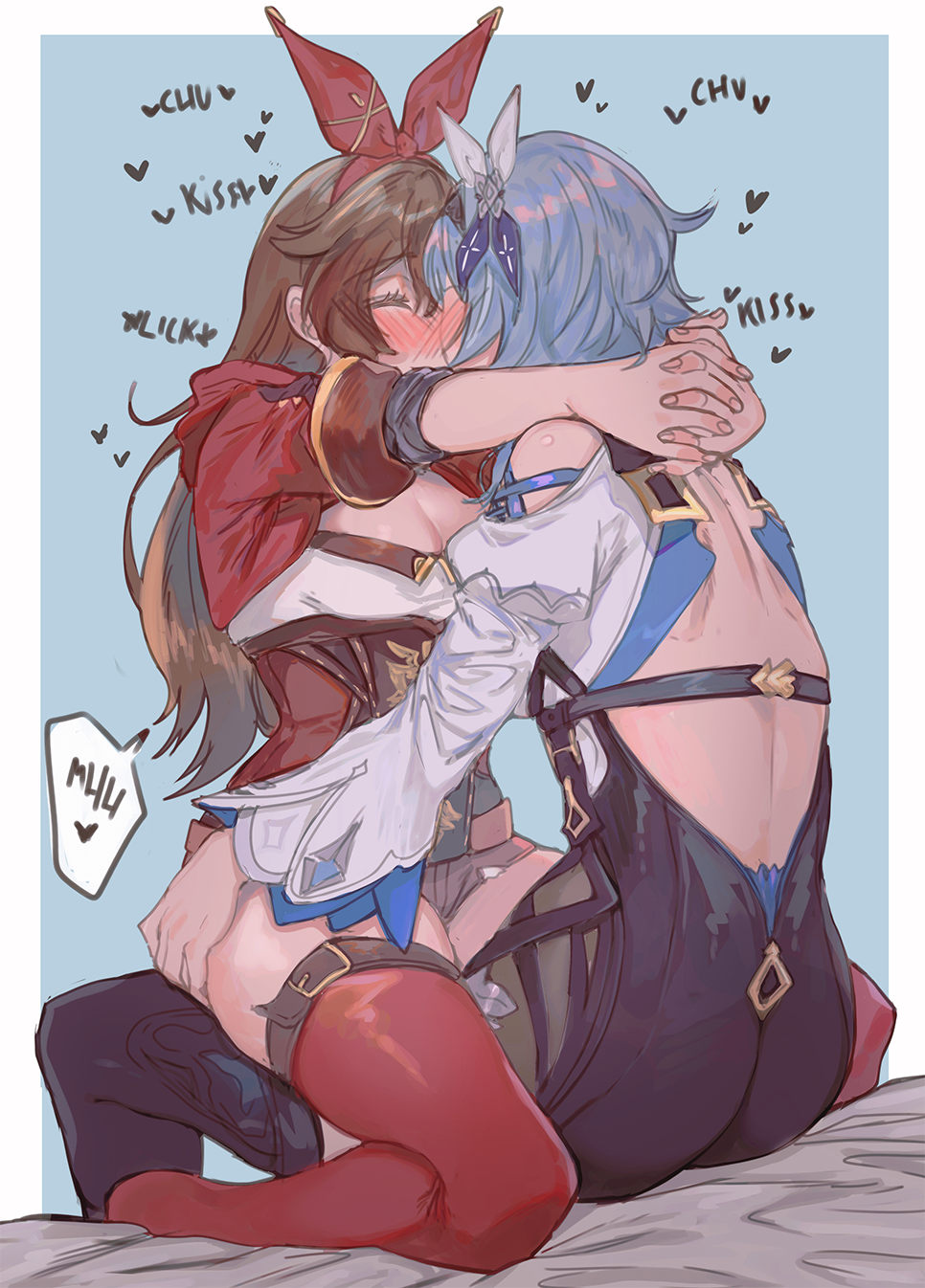 2girls, amber_(genshin_impact), back, blue_hair, brown_hair, eula_(genshin_impact), closed_eyes, fingernails, genshin_impact, hair_ribbon, hand_on_another's_thigh, highres, hug, kiekyun, kiss, long_hair, multiple_girls, own_hands_clasped, own_hands_together, red_legwear, red_ribbon, ribbon, short_hair, sitting, sitting_on_lap, sitting_on_person, thigh_strap, thighhighs, thighs, yuri