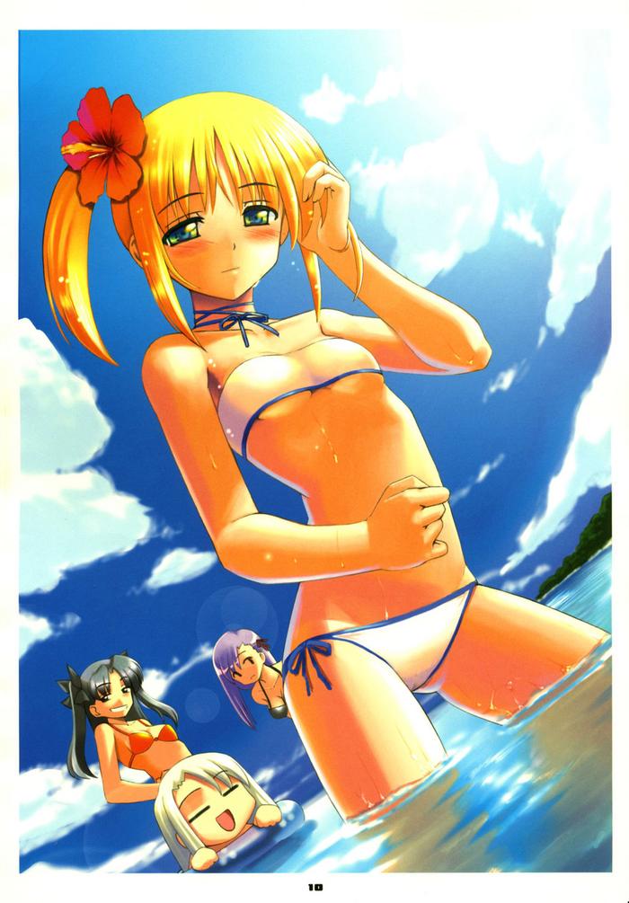 00s, 4girls, alternate_costume, artoria_pendragon_(fate), bikini, blonde_hair, blush, breasts