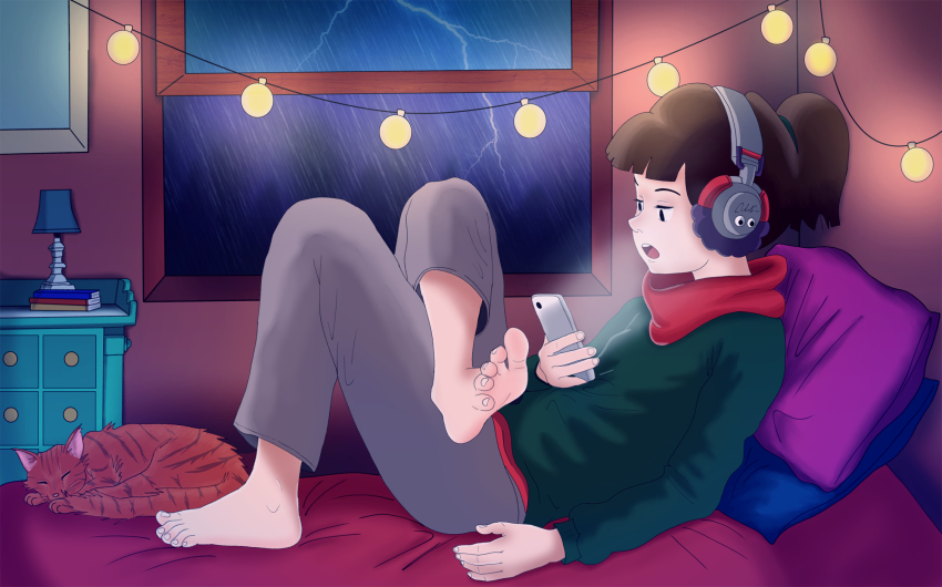 1girl, bed, black_eyes, book, brown_hair, cabinet, cat, foot_focus