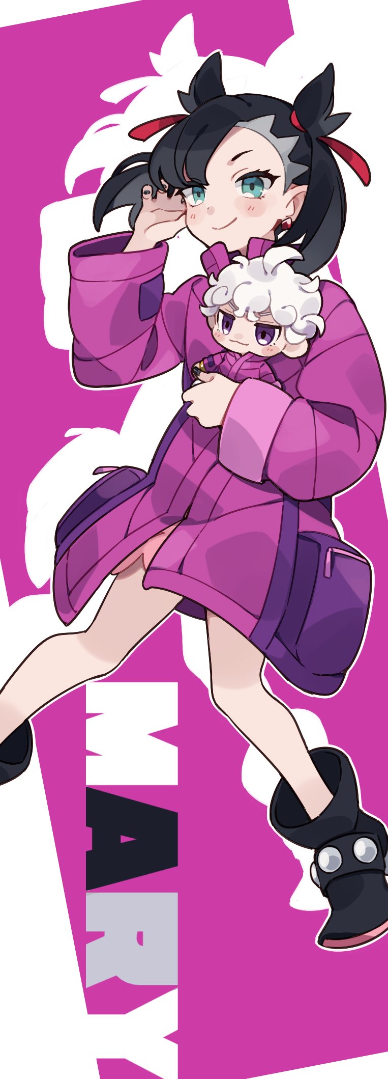 1girl, asymmetrical_bangs, bede_(pokemon), bede_(pokemon)_(cosplay), black_boots, black_hair, black_nails, blush