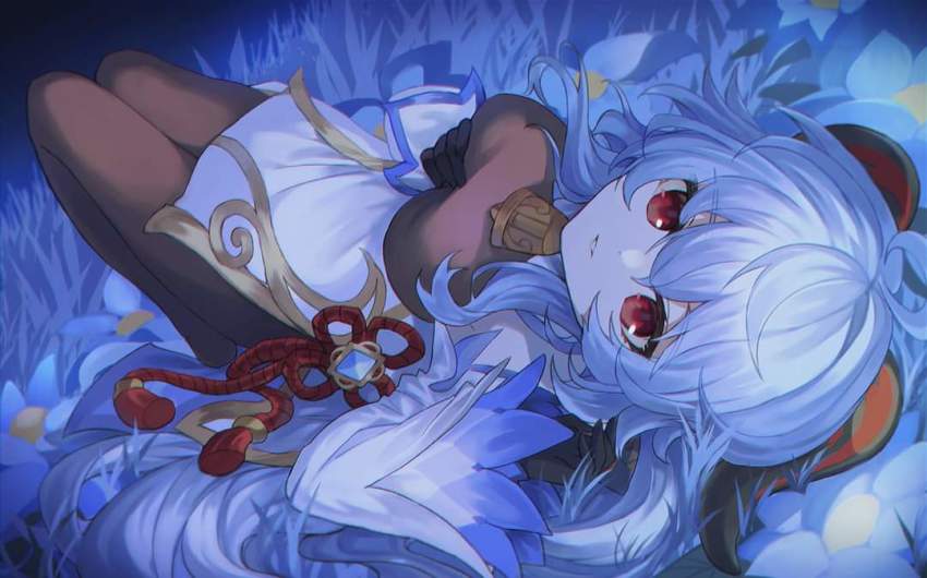 bell, black_legwear, blue_flower, blue_hair, blush, breasts, chinese_knot, commission, detached_sleeves, flower, flower_knot, ganyu_(genshin_impact), genshin_impact, glaze_lily, gold_trim, ikukiri_yuri, long_hair, looking_at_viewer, lying, medium_breasts, neck_bell, on_back, red_rope, rope, sidelocks, smile, solo, tassel, vision_(genshin_impact), white_sleeves