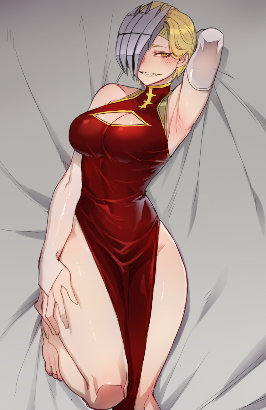 1girl, armpits, barefoot, bed_sheet, blonde_hair, blush, boku_no_hero_academia, breasts, bridal_gauntlets, china_dress, chinese_clothes, cleavage, cleavage_cutout, clothing_cutout, covered_navel, dress, grin, half_mask, highres, large_breasts, looking_at_viewer, lying, mask, on_back, orange_eyes, pelvic_curtain, ratatatat74, red_dress, ryuukyuu, sharp_teeth, short_hair, smile, solo, tatsuma_ryuuko, teeth, thighs, turtleneck, turtleneck_dress