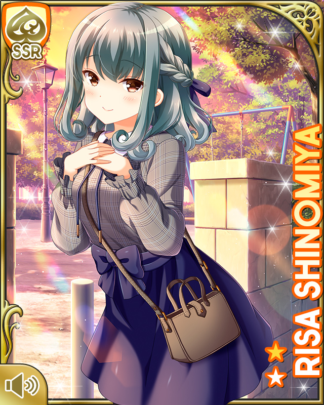 1girl, bag, black_footwear, breasts, brown_eyes, card_(medium), character_name, closed_mouth