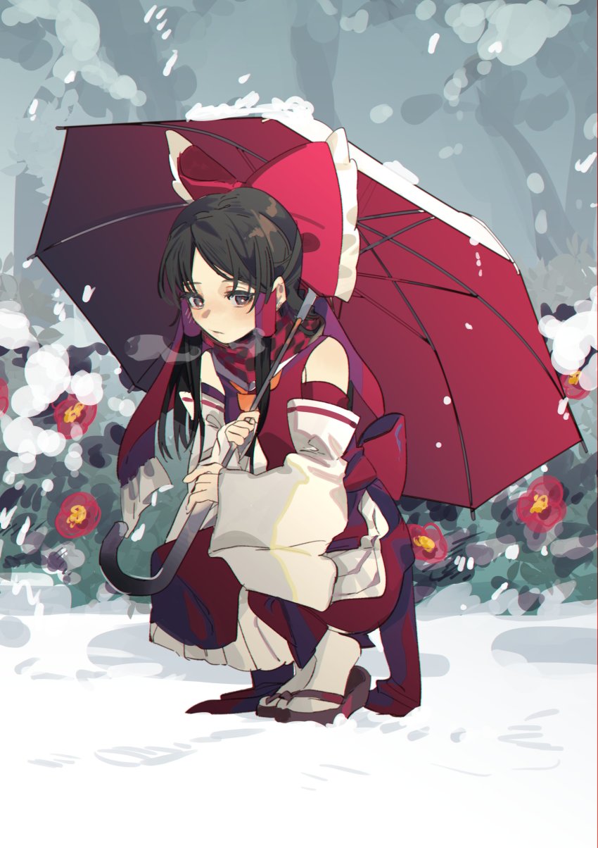 1girl, absurdres, ascot, bow, brown_eyes, brown_hair, bush, collar, detached_sleeves, flower, geta, hair_bow, hair_tubes, hakurei_reimu, highres, long_hair, long_skirt, nontraditional_miko, one-hour_drawing_challenge, red_bow, red_footwear, red_shirt, red_skirt, ribbon-trimmed_sleeves, ribbon_trim, scarf, shi_chimi, shirt, sidelocks, skirt, skirt_set, sleeveless, snow, snowing, solo, squatting, tabi, touhou, umbrella, white_background, white_collar, white_legwear, yellow_ascot